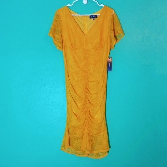 Lulu's Mustard Ruched Midi Dress - Picture 1 of 9